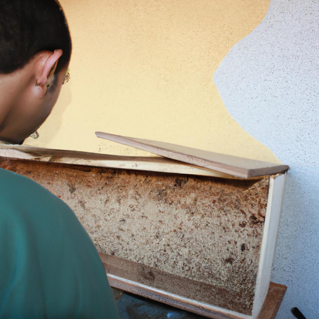 Person inspecting hardboard for termites