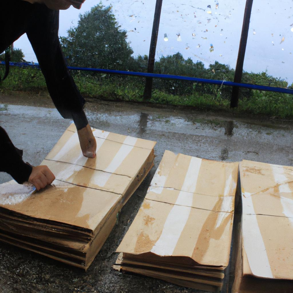 Person testing hardboard in rain